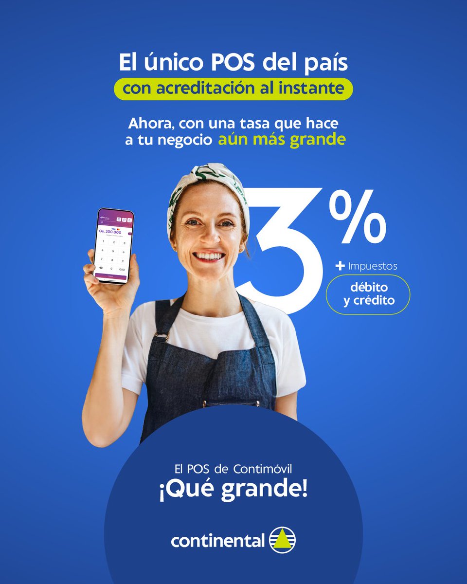 El único POS del país con acreditación al instante, 3% + impuestos débito y crédito.

Sin demora, sin papeleos, sin complicaciones, 100% digital 📲 ¡Qué grande!