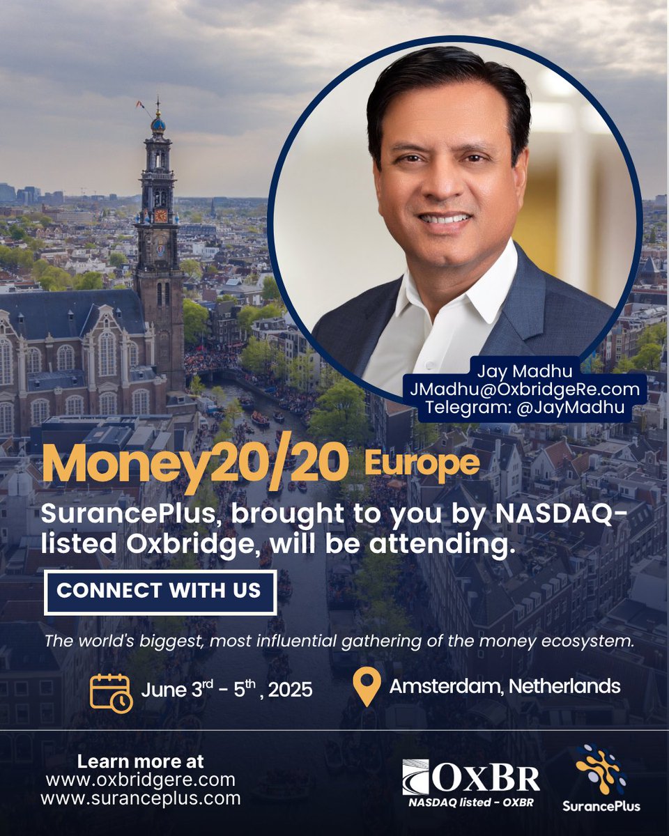 SurancePlus (@suranceplus) on Twitter photo We are in Amsterdam for Money20/20 Europe this week, if you are attending, let’s connect!
<a href="/OxbridgeRe/">Oxbridge Re</a> <a href="/SurancePlus/">SurancePlus</a> <a href="/JayMadhu/">Jay Madhu / SurancePlus</a>
#Money2020 #oxbridgere #SurancePlus #RWA #Blockchain #OXBR #Nasdaq We are in Amsterdam for Money20/20 Europe this week, if you are attending, let’s connect!
<a href="/OxbridgeRe/">Oxbridge Re</a> <a href="/SurancePlus/">SurancePlus</a> <a href="/JayMadhu/">Jay Madhu / SurancePlus</a>
#Money2020 #oxbridgere #SurancePlus #RWA #Blockchain #OXBR #Nasdaq