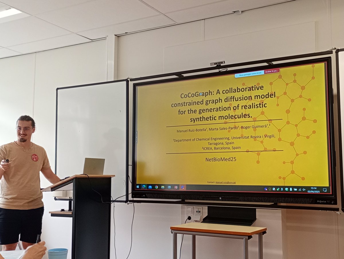 netbiomed2026's tweet photo. We just had an amazing talk by Manuel Ruiz-Botella, who introduced us to #CoCoGraph, a graph diffusion model for the generation of realistic synthetic molecules. Only here, at #NetBioMed2025, a satellite being held at #NetSci2025! @VeraPancaldi @NetSciConf https://t.co/AkZfWIzcve