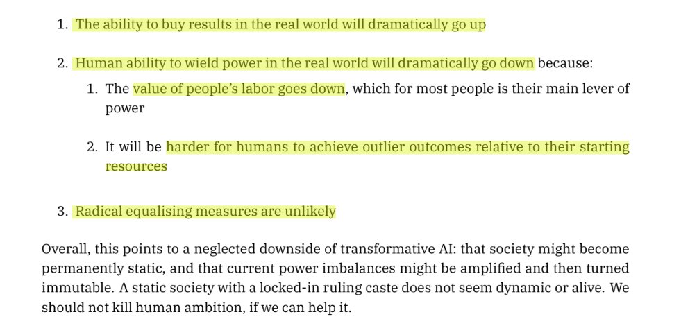 Iason Gabriel (@iasongabriel) on Twitter photo I'm finally reading the quite excellent "intelligence curse" paper by <a href="/luke_drago_/">Luke Drago</a> & <a href="/LRudL_/">Rudolf Laine</a>
They argue that "the key economic effect of AI is that it makes capital a more and more general substitute for labor"
From this, all manner of inequalities threaten to follow: I'm finally reading the quite excellent "intelligence curse" paper by <a href="/luke_drago_/">Luke Drago</a> & <a href="/LRudL_/">Rudolf Laine</a>
They argue that "the key economic effect of AI is that it makes capital a more and more general substitute for labor"
From this, all manner of inequalities threaten to follow: