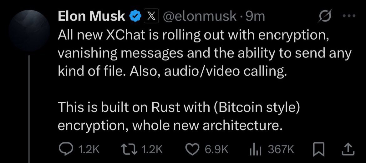TheBTCVerse's tweet image. Elon Musk&apos;s XChat rolls out with &apos;Bitcoin-style&apos; encryption—but Bitcoin doesn&apos;t use encryption for privacy! 🧐 Built on Rust, it offers E2E security, vanishing messages, and more. Is this a step toward X as an everything app? #XChat #Bitcoin #EncryptionDebate
