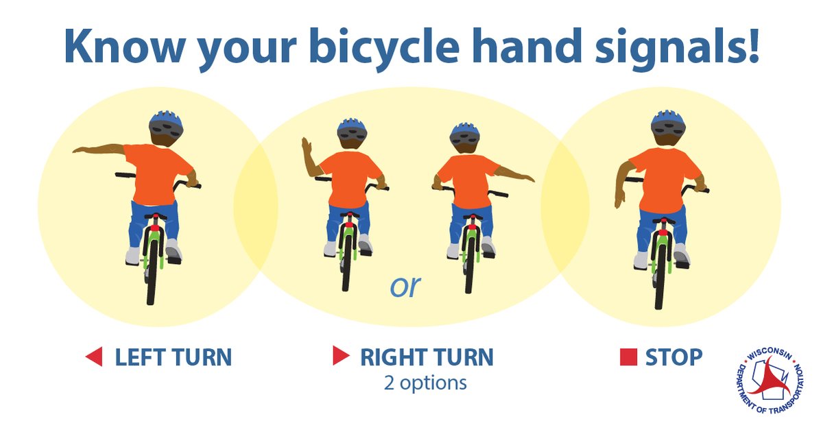 Learn the bike hand signals!

Left turn: bicyclist’s left arm extended to their side

Right turn: bicyclist's right arm extended to their side, or their left arm extended and bent up at a 90-degree angle

Stop: bicyclist's left arm extended out and bent down

#WisconsinBikeWeek