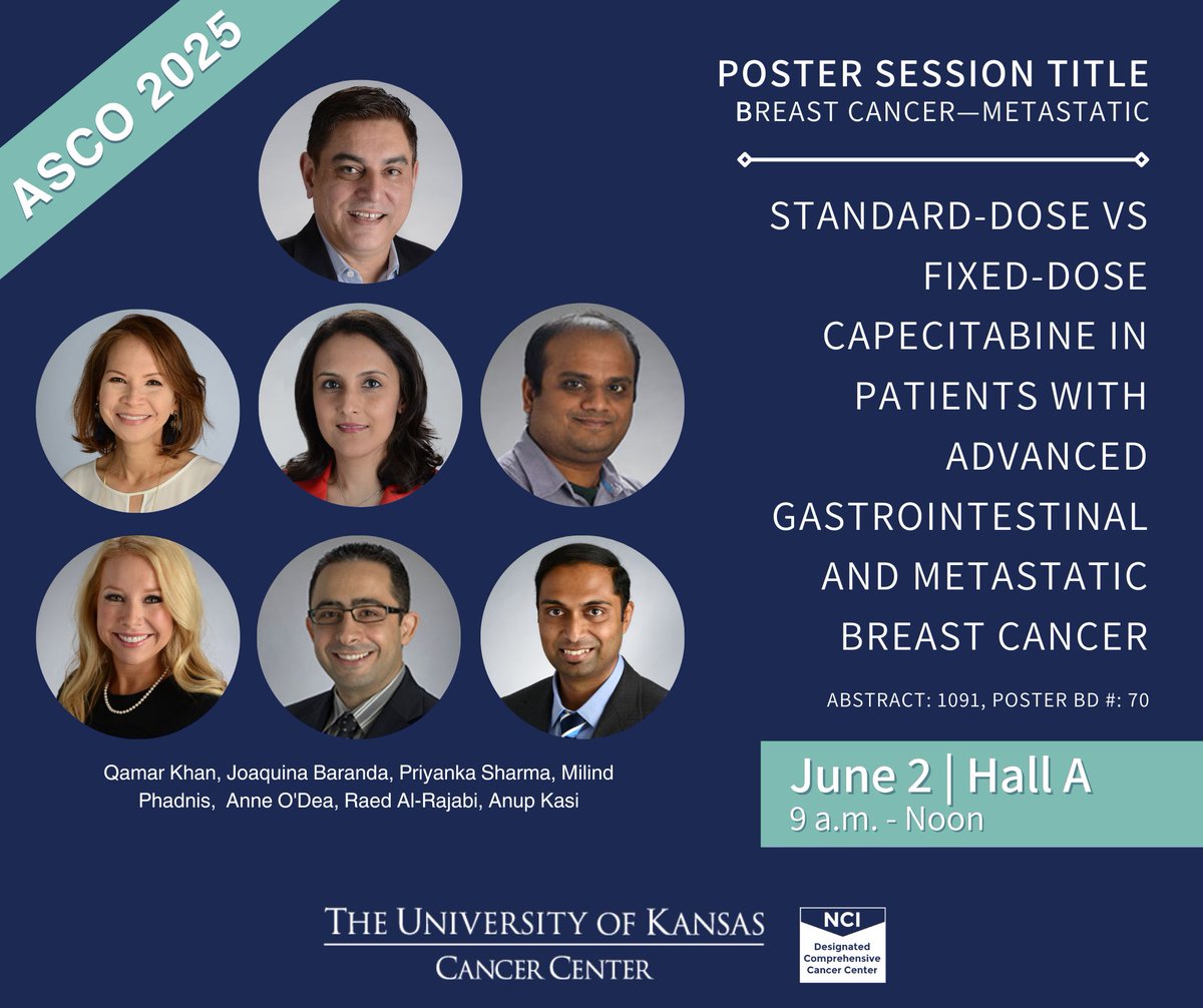 KU Cancer Center (@kucancercenter) on Twitter photo If youâre attending #ASCO25, donât miss the Breast Cancer-Metastatic Poster Session in Hall A from 9-noon, where the <a href="/KUcancercenter/">KU Cancer Center</a> team is sharing âStandard-dose vs fixed-dose capecitabine in patients with advanced gastrointestinal and metastatic breast cancer.â #MBC #KUWCC If youâre attending #ASCO25, donât miss the Breast Cancer-Metastatic Poster Session in Hall A from 9-noon, where the <a href="/KUcancercenter/">KU Cancer Center</a> team is sharing âStandard-dose vs fixed-dose capecitabine in patients with advanced gastrointestinal and metastatic breast cancer.â #MBC #KUWCC
