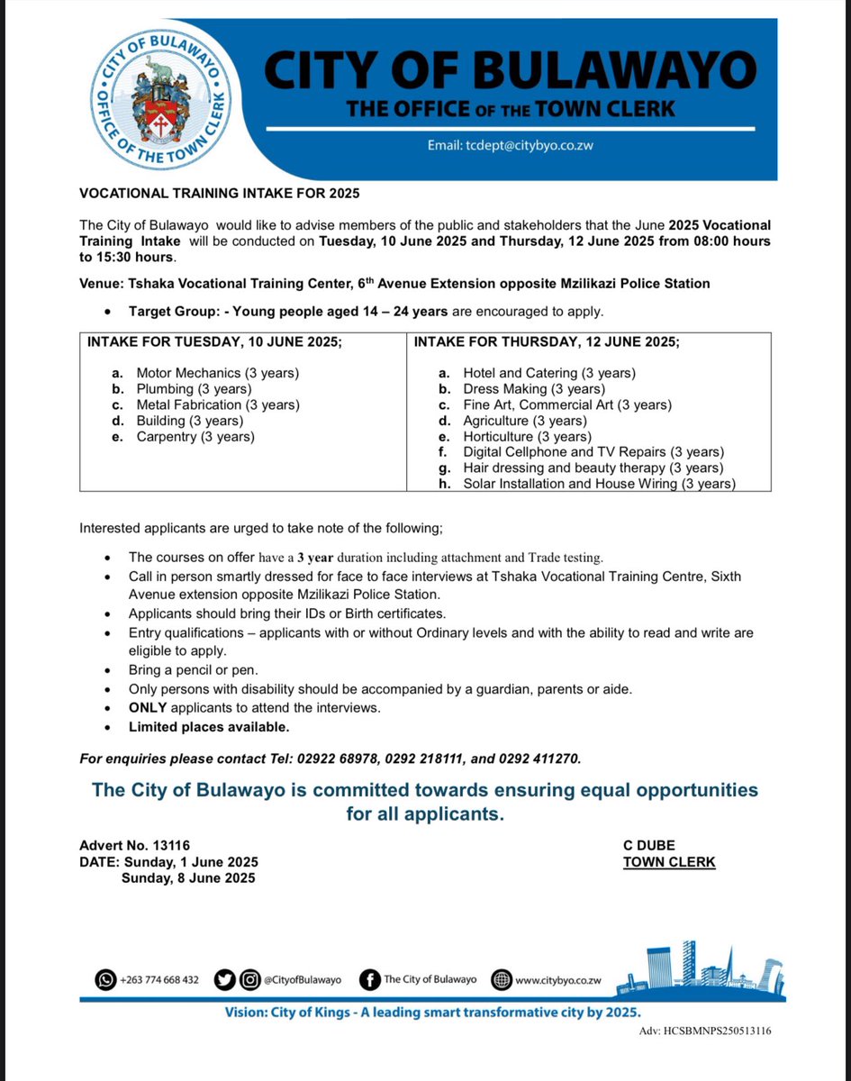 Notice:- Vocational Training Intake for June 2025.