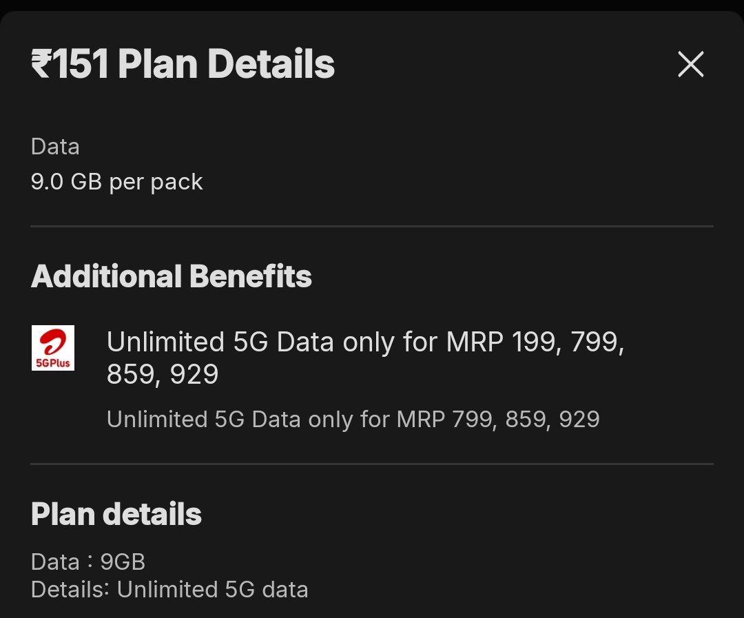mk857295's tweet photo. @airtelindia @TRAI HI AIRTEL, yesterday I recharged for Rs 151 5G upgrade along with my Rs 799 recharge which was showing 5G unlimited on the Phonepe app and thanks on the app also. So yesterday I upgraded my Rs 151 recharge to Rs 799 recharge but my 5G is not working kindly help https://t.co/5bkng7VYbR