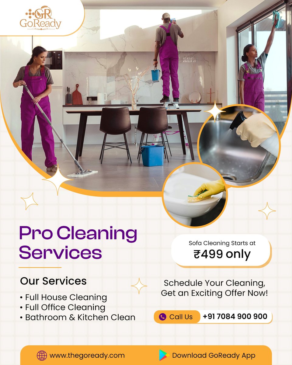 GoReadyServices's tweet photo. No time to clean? No problem! Let us bring the sparkle to your doorstep. 🏠✨

BOOK NOW

Pro Cleaning Services ✨

Call us : 📞 +91 7084 900 900 
or Book via GoReady App Get it from Google Playstore.

📍 Service available in Delhi, Noida, Lucknow, Agra and Mathura. 

#Lucknow https://t.co/nEOyttlYt4