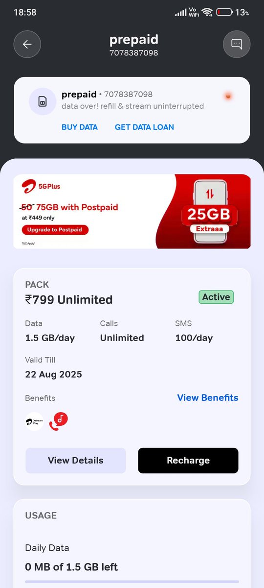 mk857295's tweet photo. @airtelindia @TRAI HI AIRTEL, yesterday I recharged for Rs 151 5G upgrade along with my Rs 799 recharge which was showing 5G unlimited on the Phonepe app and thanks on the app also. So yesterday I upgraded my Rs 151 recharge to Rs 799 recharge but my 5G is not working kindly help https://t.co/5bkng7VYbR