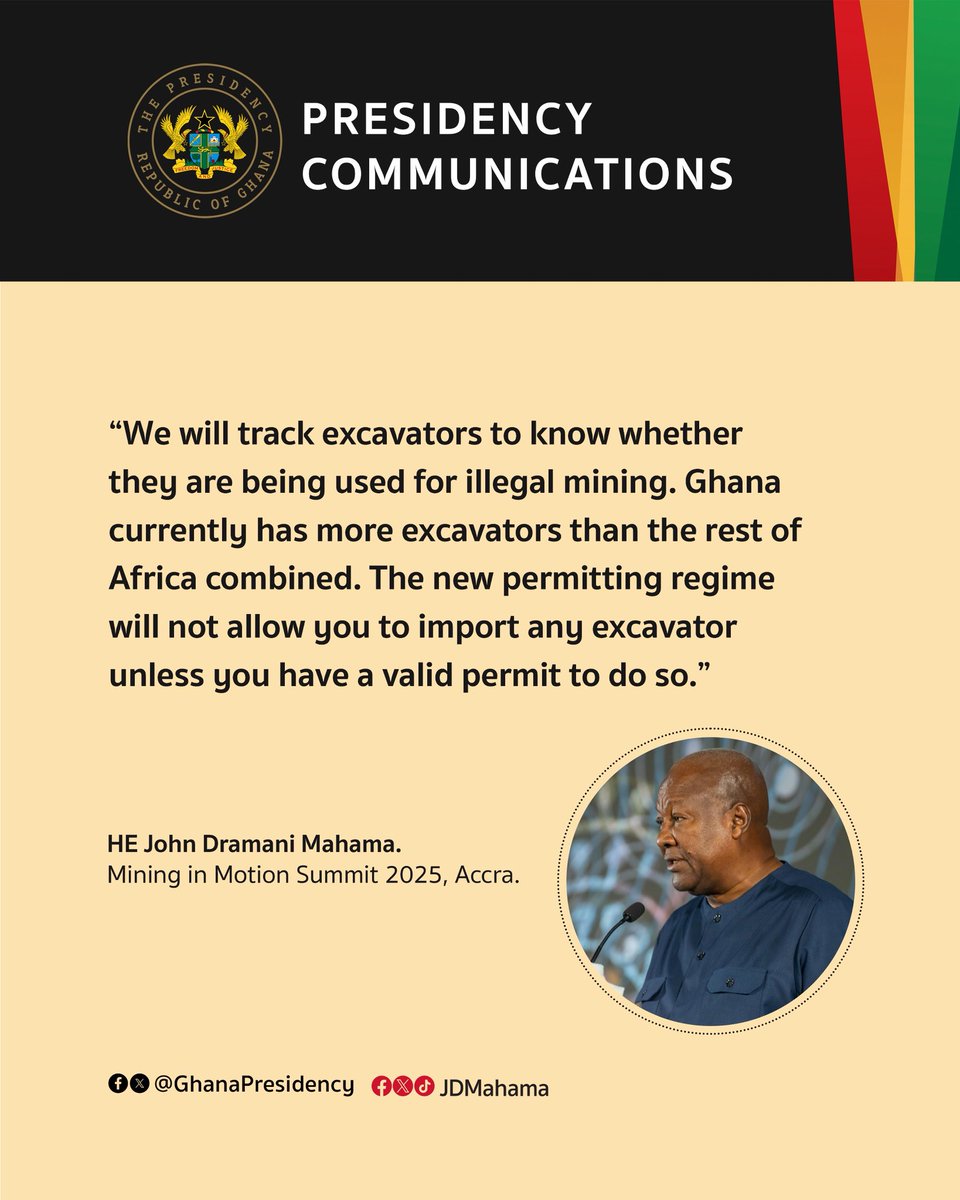 Ghana Presidency (@ghanapresidency) on Twitter photo “Ghana’s gold will not enrich others while leaving our people in poverty. Africa’s mineral wealth will no longer be a curse but a blessing.” <a href="/JDMahama/">John Dramani Mahama</a>, speaking at the Mining in Motion Summit 2025. “Ghana’s gold will not enrich others while leaving our people in poverty. Africa’s mineral wealth will no longer be a curse but a blessing.” <a href="/JDMahama/">John Dramani Mahama</a>, speaking at the Mining in Motion Summit 2025.