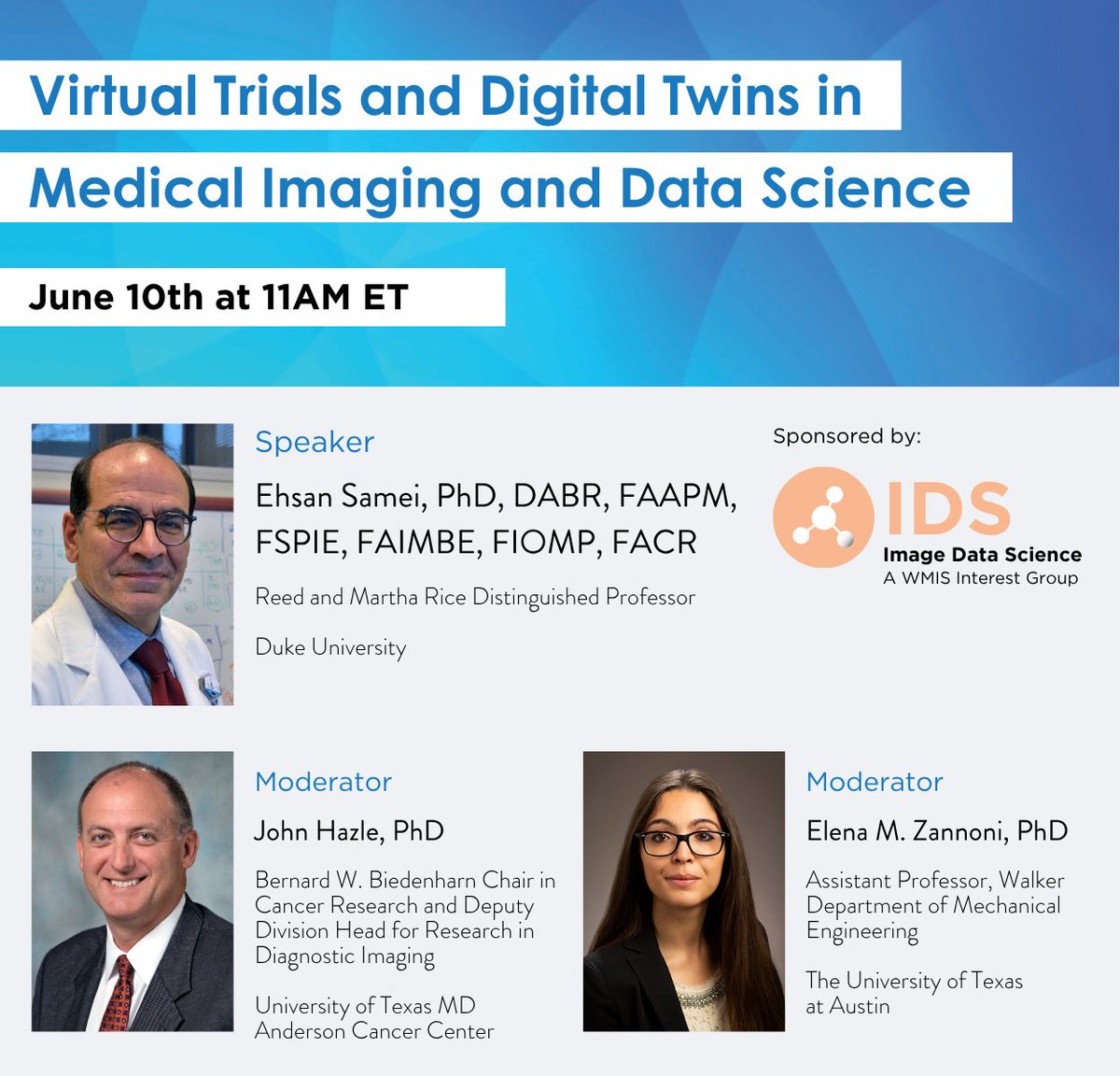 WMIS WMIC (@wmiswmic) on Twitter photo Can Clinical Trials Go Virtual? Explore how simulated patients, imaging systems, and interpretation models can reshape imaging research.
🗓️ June 10 | 11AM ET
🎙️Hosted by the IDS Interest Group
🔗 Register: ow.ly/AatW50W2x4U Can Clinical Trials Go Virtual? Explore how simulated patients, imaging systems, and interpretation models can reshape imaging research.
🗓️ June 10 | 11AM ET
🎙️Hosted by the IDS Interest Group
🔗 Register: ow.ly/AatW50W2x4U
