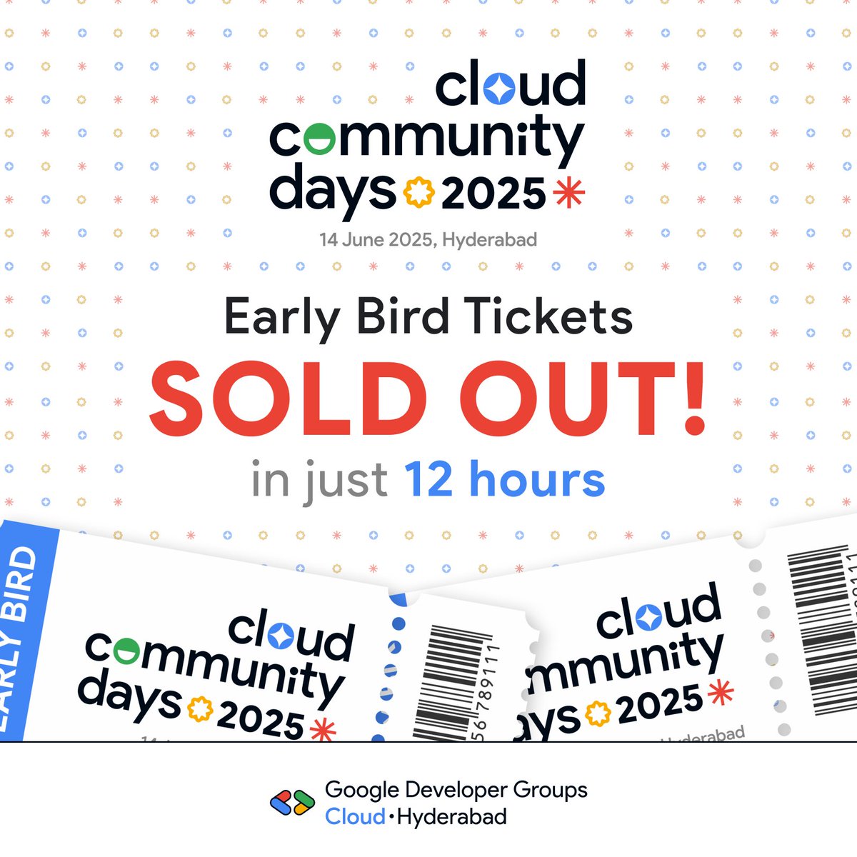 📢 Early Bird Tickets SOLD OUT in just 12 hours! 🔥

You all are incredible, Hyderabad! 🙌

Missed it? Don’t worry!
General Tickets dropping soon. 🎟️

Stay tuned &amp; be ready!

#GCCDHyd #GoogleCloud #HyderabadTech #CloudCommunity