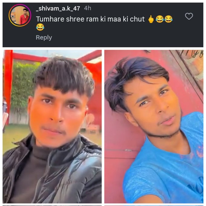 राजू वाल्मीकि (@raju_botana) on Twitter photo जिसका खून खोल रहा हो, वही रिपोस्ट करे
Hello <a href="/Krishan_IPS/">Krishan Bishnoi</a>
<a href="/sambhalpolice/">SAMBHAL POLICE</a> <a href="/Uppolice/">UP POLICE</a>
नाम : शिवम जाटव
विचारधारा: नीली जहरीली
पता: गांव- गांव- पत्रौवा, ब्लॉक- चंदौसी
जिला: संभल
आरोप: हिंदू आस्था का लगातार अपमान करना
शिवम जाटव प्रभु राम जी के लिए बेहद आपत्तिजनक शब्दों का प्रयोग यूपी जिसका खून खोल रहा हो, वही रिपोस्ट करे
Hello <a href="/Krishan_IPS/">Krishan Bishnoi</a>
<a href="/sambhalpolice/">SAMBHAL POLICE</a> <a href="/Uppolice/">UP POLICE</a>
नाम : शिवम जाटव
विचारधारा: नीली जहरीली
पता: गांव- गांव- पत्रौवा, ब्लॉक- चंदौसी
जिला: संभल
आरोप: हिंदू आस्था का लगातार अपमान करना
शिवम जाटव प्रभु राम जी के लिए बेहद आपत्तिजनक शब्दों का प्रयोग यूपी