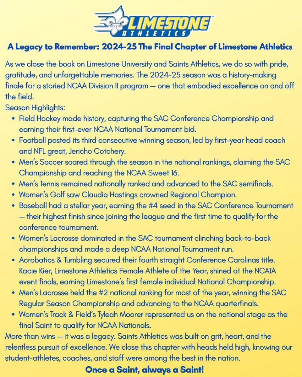 The closure of Limestone University is a sobering reminder of how quickly things can change in higher education. Our thoughts are with every student, staff member, and athlete impacted. 🙏🏽

At the NCPAA, we do things differently. We don’t just offer a place to play—we provide the