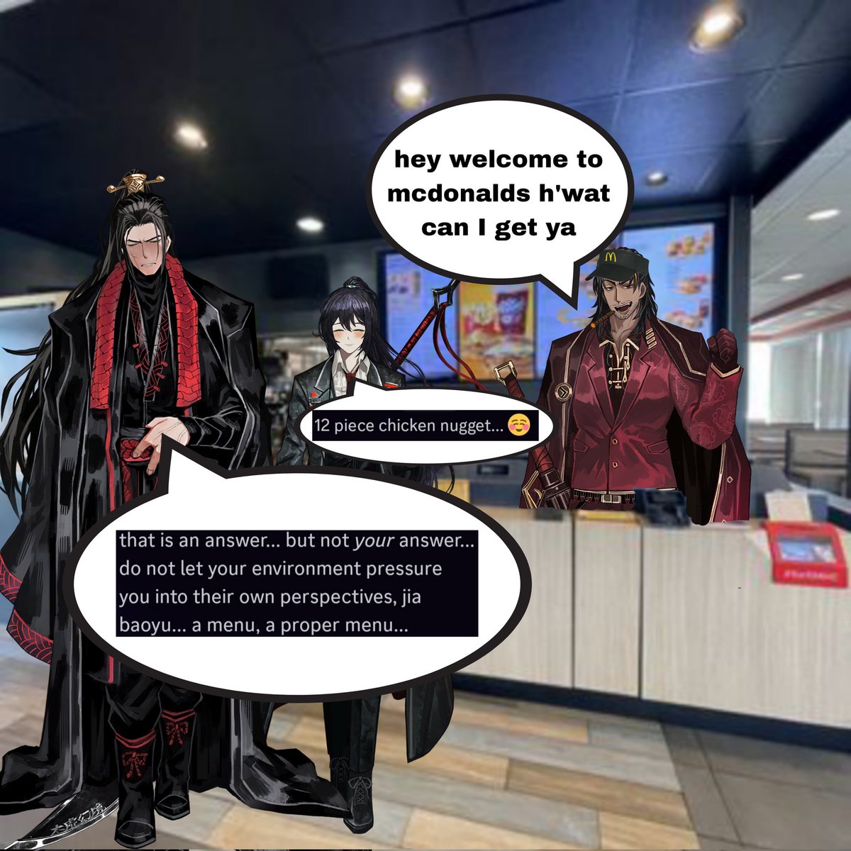 BleedingSpring's tweet photo. Jia Baoyu goes to McDonald's, a 5 panel comic 
(1+2/5) https://t.co/MNvqN72bPh