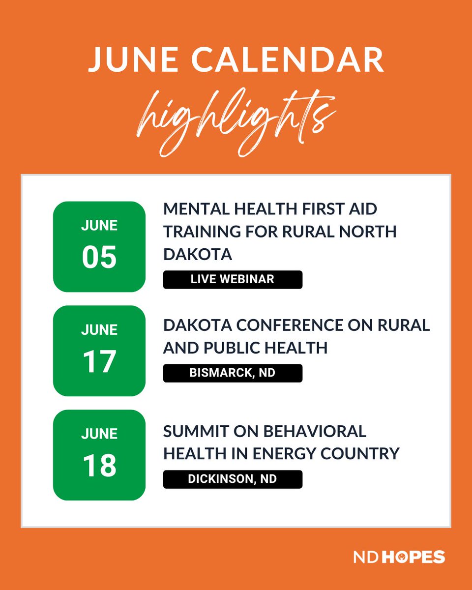 📅 Check out these upcoming events in North Dakota or online in June! Learn more about these events and many more here: ndhopes.com/calendar

#NDHOPES #SuicidePrevention #northdakota #mentalhealth #RuralMentalHealth #rural #veterans #community #youth #military #crisis #help