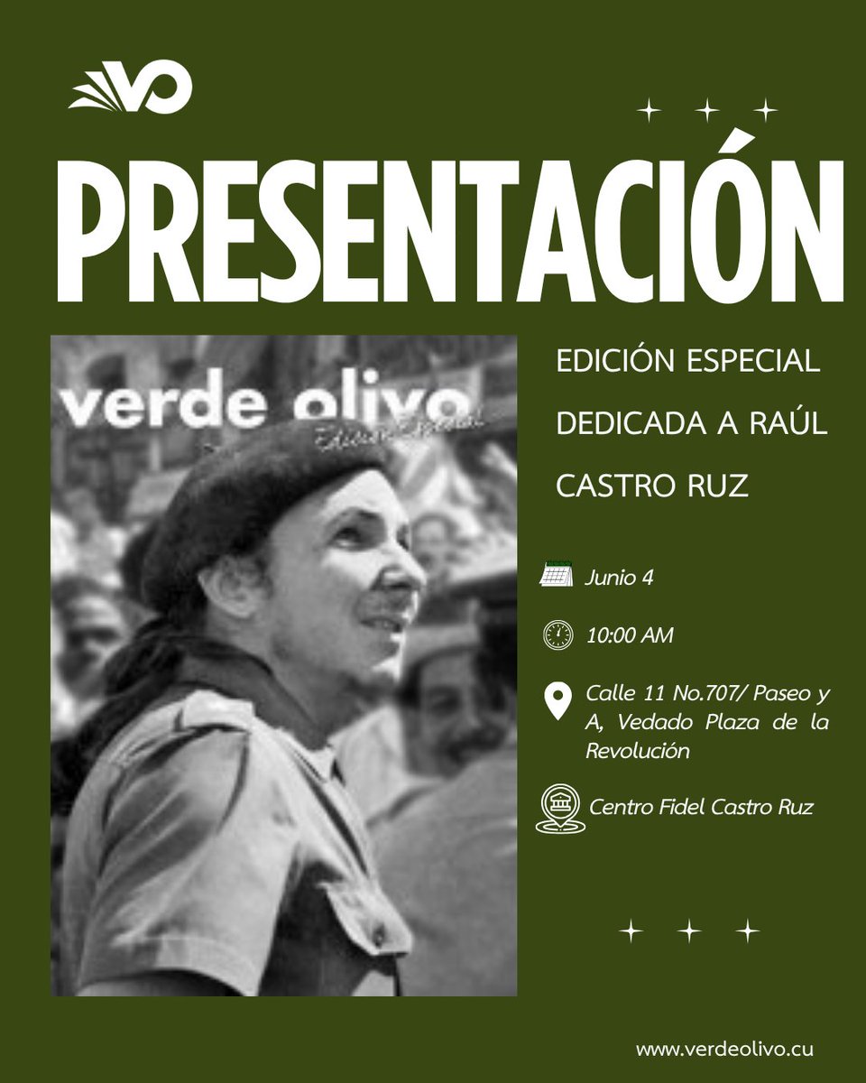#CubaViveEnSuHistoria🇨🇺No te pierdas la presentación de la revista especial de Verde Olivo dedicada a Raúl Castro Ruz. Este 4 de junio a las 10:00 AM en el Centro Fidel Castro, descubre el  legado del General de Ejército y símbolo de la Revolución Cubana.