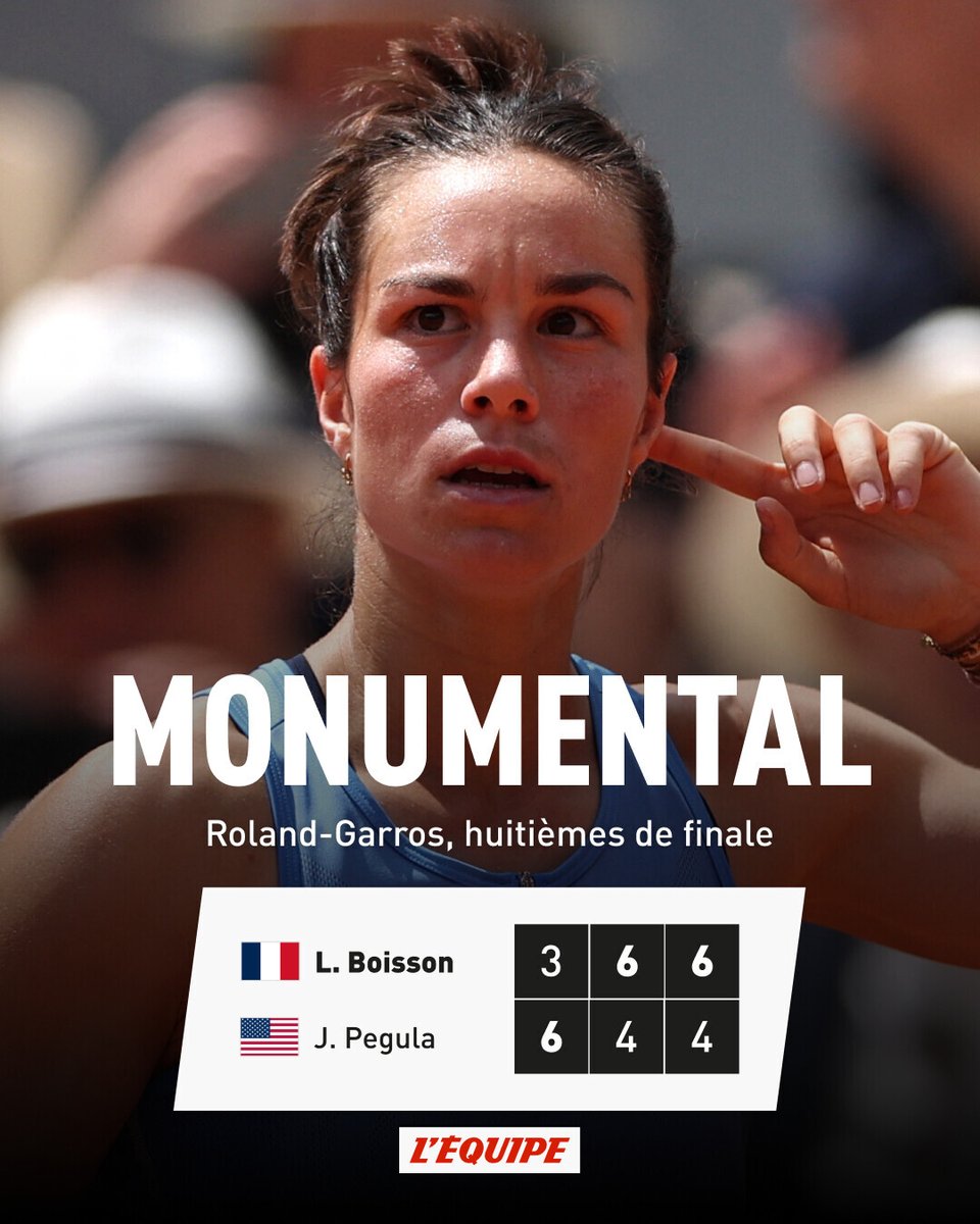 Sensation sur le court Philippe-Chatrier ! Dernière Française encore en lice, Loïs Boisson (22 ans, 361e mondiale) a renversé la numéro 3 mondiale américaine Jessica Pegula et défiera la Russe Mirra Andreeva pour une place dans le dernier carré.

l.lequipe.fr/01x