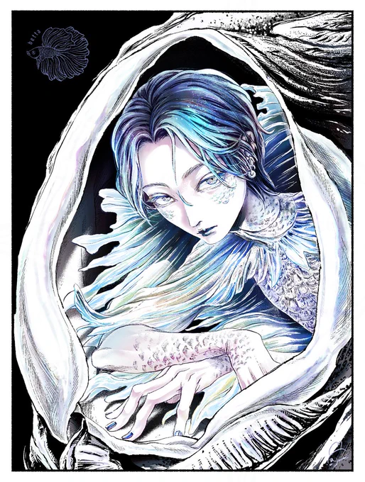 無配のペーパーの表紙用に即興で描き下ろしてる擬人化のいきもの3点 ベタの シロウラナミシジミ蝶の 錦鯉の 次はどんないきものを描くんだろう? #イラスト #joomikspic #擬人化