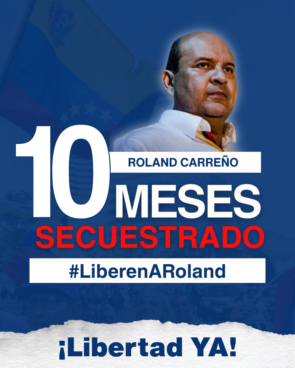 Unidad Venezuela (@unidadvenezuela) on Twitter photo Han pasado 10 meses desde la detención arbitraria de <a href="/rolandcarreno/">Roland Carreño</a>, sin que se respeten sus derechos ni el debido proceso. Exigimos su libertad inmediata y la de todos los presos políticos en nuestro país, hacer política no es delito.
#LiberenARoland Han pasado 10 meses desde la detención arbitraria de <a href="/rolandcarreno/">Roland Carreño</a>, sin que se respeten sus derechos ni el debido proceso. Exigimos su libertad inmediata y la de todos los presos políticos en nuestro país, hacer política no es delito.
#LiberenARoland