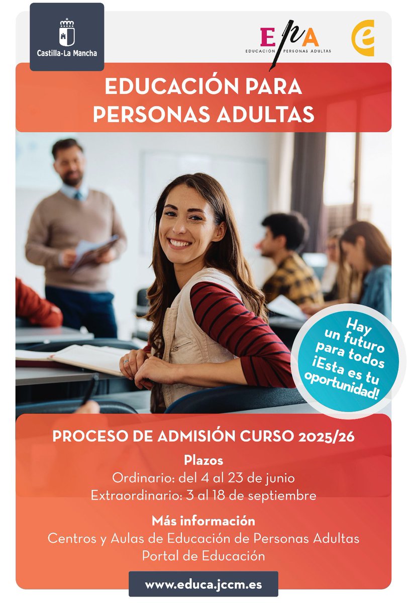 El día 4 de abre el pedido de admisión a las Enseñanzas de Personas Adultas en CLM.
En el <a href="/CEPATeresa/">CEPA Teresa Enríquez. Centro Erasmus+🇪🇺</a> os esperamos! <a href="/educajccm/">Educación C-LM</a> <a href="/fadultos/">Educación de Personas Adultas</a> <a href="/EPALE_ES/">EPALE_ES</a> 
youtu.be/5TxAtC9DuQU