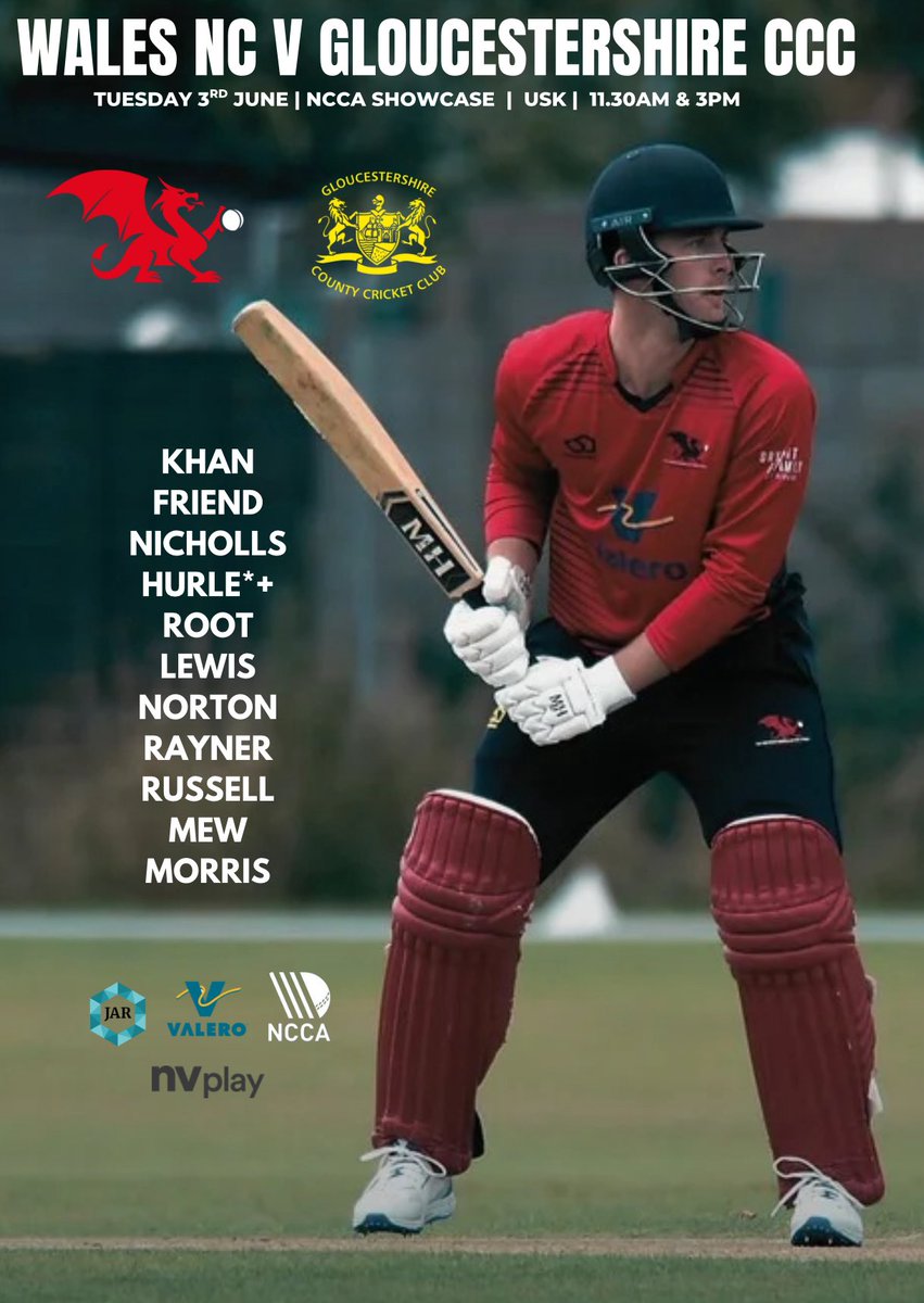 Wales National County 🏴🏏 (@walesncounty) on Twitter photo 🏴 Your Wales NC team to take on the defending <a href="/VitalityBlast/">Vitality Blast</a> champions <a href="/Gloscricket/">Gloucestershire Cricket 🏆</a> tomorrow in the <a href="/NCCA_uk/">NCCA (National Counties Cricket Association)</a> showcase day!
📌 <a href="/UskCC1857/">Usk Cricket Club</a>
☄️ x2 T20s
⏰ 11.30am & 3pm
🎟️ Free Entry
📺 Live streaming
🏏 Billy Root makes a guest appearance whilst Henry Hurle leads the side! 🏴 Your Wales NC team to take on the defending <a href="/VitalityBlast/">Vitality Blast</a> champions <a href="/Gloscricket/">Gloucestershire Cricket 🏆</a> tomorrow in the <a href="/NCCA_uk/">NCCA (National Counties Cricket Association)</a> showcase day!
📌 <a href="/UskCC1857/">Usk Cricket Club</a>
☄️ x2 T20s
⏰ 11.30am & 3pm
🎟️ Free Entry
📺 Live streaming
🏏 Billy Root makes a guest appearance whilst Henry Hurle leads the side!