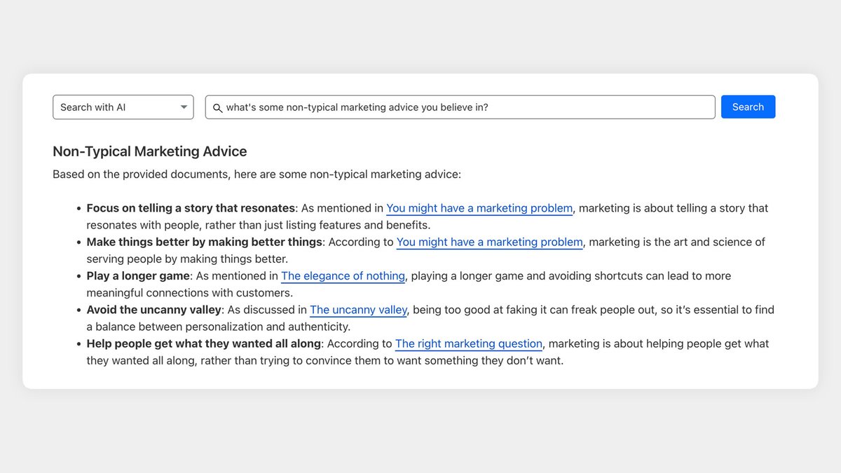 This morning I chatted* with my marketing hero, Seth Godin.

I took 1,000 of his blog posts, made them "LLM-friendly", then asked a lot of questions. 

It cost me nothing (besides time), so here's the step-by-step if you want to do the same. 

1. You'll need a source of data. CSV