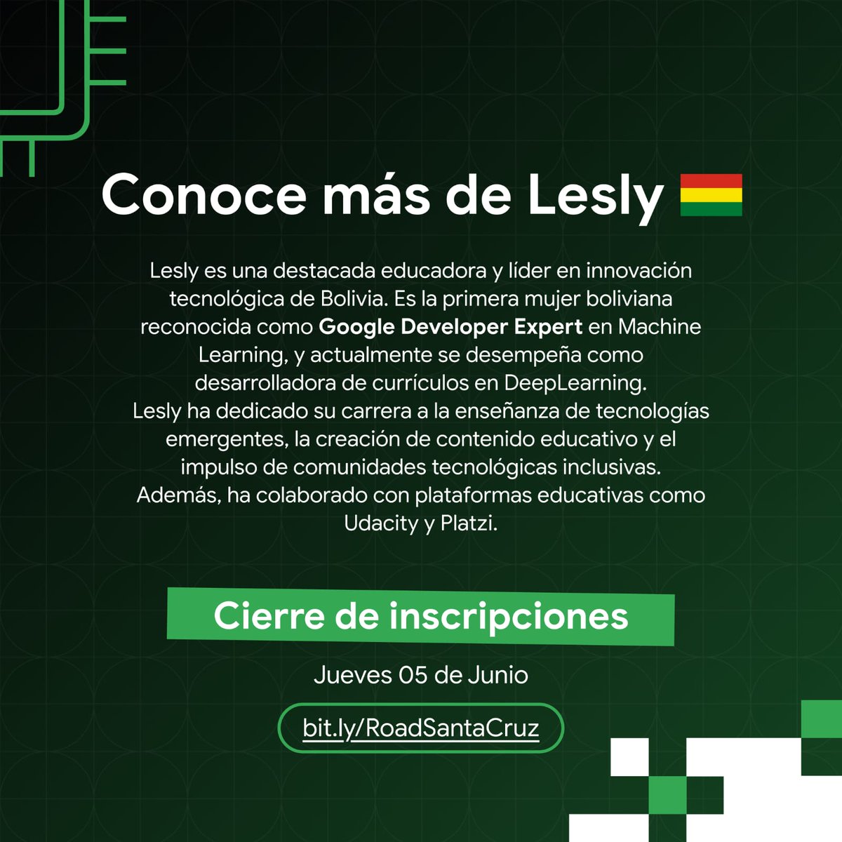 gdgsantacruz's tweet photo. 🎙 ¡Sumérgete en el futuro de la inteligencia artificial con Lesly Zerna!

🔗 Regístrate https://t.co/WTrp1EvF1w

🌐 Más info: https://t.co/QR3WbuhBz1

#RoadToBuildWithAI #BuildWithAI #GDGBolivia #GoogleDeveloperGroups #Gemini25 #GenAI #GoogleCloud #LeslyZerna #WomenInTech #AI https://t.co/HN6q0tDkqo