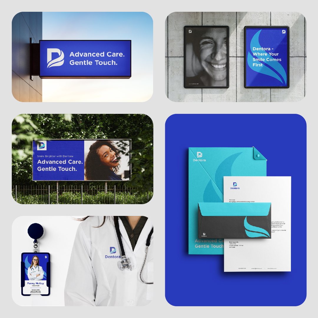 Dentora is a modern dental brand concept, blending innovation and care into a fresh visual identity. Inspired by the initial letter "D" and the soft motion of a wave, the design symbolizes cleanliness, flow, and a welcoming experience, perfect for a forward-thinking dental Brand.