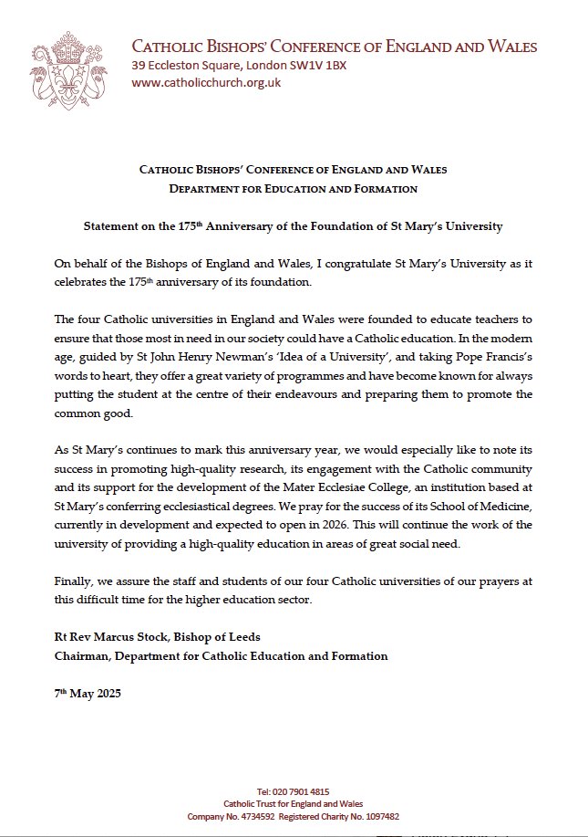 St Mary's University (@yourstmarys) on Twitter photo St Mary’s was delighted to recently receive a letter from the Rt Rev Marcus Stock, Bishop of Leeds, on behalf of <a href="/catholicEW/">Catholic Church</a> celebrating our 175 anniversary and recognising our contributions to higher education & the life of the Church in this country stmarys.ac.uk/news/2025/cath… St Mary’s was delighted to recently receive a letter from the Rt Rev Marcus Stock, Bishop of Leeds, on behalf of <a href="/catholicEW/">Catholic Church</a> celebrating our 175 anniversary and recognising our contributions to higher education & the life of the Church in this country stmarys.ac.uk/news/2025/cath…