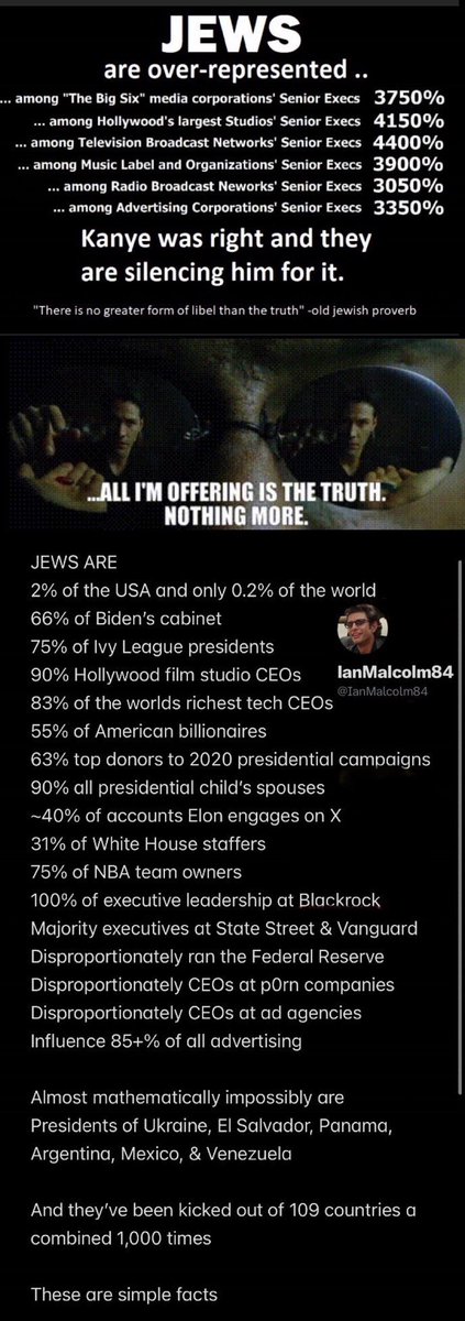 Brandon Taylor Moore (@letsgobrando45) on Twitter photo Have you seen this infographic produced by <a href="/IanMalcolm84/">IanMalcolm84</a>?
It’s statistically accurate, and yet it has been BANNED IN EUROPE.
How do you explain this⁉️🙋♂️🙋♂️🙋♂️
jewish supremacy is real, you’re just not allowed to talk about it, which proves my point completely. ✅ Have you seen this infographic produced by <a href="/IanMalcolm84/">IanMalcolm84</a>?
It’s statistically accurate, and yet it has been BANNED IN EUROPE.
How do you explain this⁉️🙋♂️🙋♂️🙋♂️
jewish supremacy is real, you’re just not allowed to talk about it, which proves my point completely. ✅