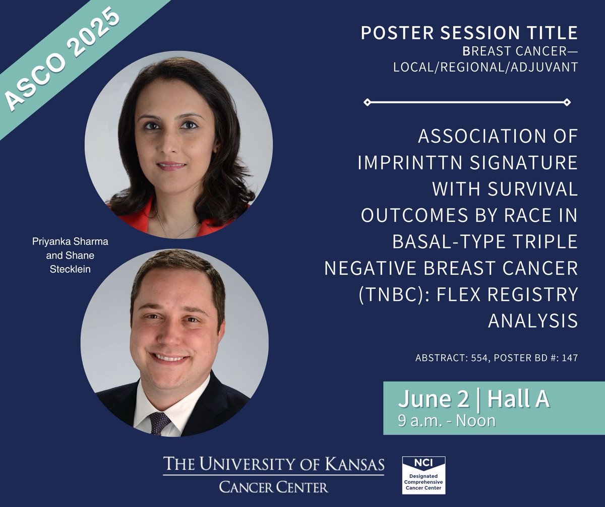 KU Cancer Center (@kucancercenter) on Twitter photo Also happening from 9-noon, join the Breast CancerâLocal/Regional/Adjuvant Poster Session, where Dr. Priyanka Sharma and <a href="/shanestecklein/">Shane Stecklein, MD, PhD</a> are presenting âAssociation of ImPrintTN signature with survival outcomes by race in basal-type triple negative breast cancer (TNBC): FLEX Also happening from 9-noon, join the Breast CancerâLocal/Regional/Adjuvant Poster Session, where Dr. Priyanka Sharma and <a href="/shanestecklein/">Shane Stecklein, MD, PhD</a> are presenting âAssociation of ImPrintTN signature with survival outcomes by race in basal-type triple negative breast cancer (TNBC): FLEX