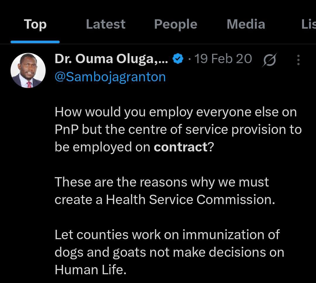 <a href="/fnoluga/">Dr. Ouma Oluga, OGW</a>  do you remember this? 

It's barely 5yrs.
Recently, <a href="/MOH_Kenya/">Ministry of Health</a> Confirmed 114Medical officers to PNP and PAID their Gratuities. 

But you left out 7900+ Nurses, Clinical officers, Pharmtecs, Labtechs, public Health officers among other 12 Cadres. 

How do you explain