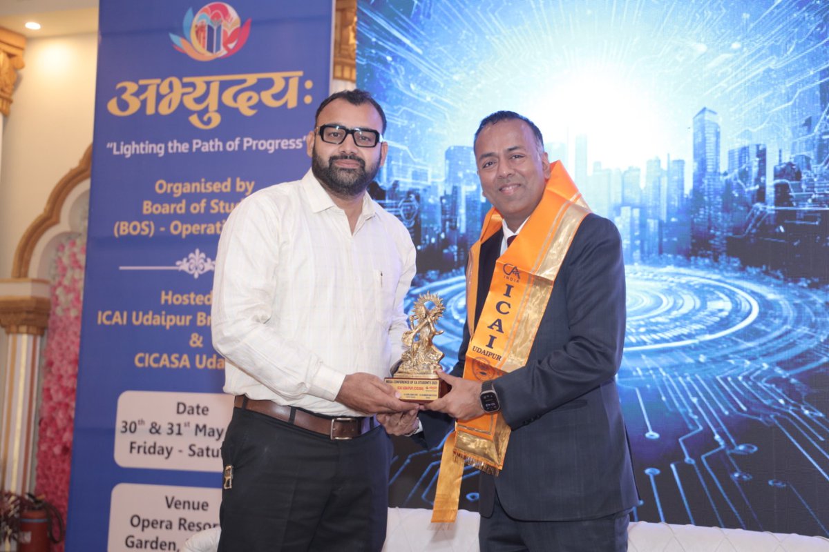 ca_ssanghi's tweet photo. Privileged to address #Abhyuday2025 in Udaipur โ a vibrant gathering of future CAs. Spoke on ethics, tech & purpose-driven leadership. Grateful for the inspiring presence of leaders & students.#BeingCA #ICAI #FutureReady #CAStudents #NationBuilders https://t.co/BSWpXefTma