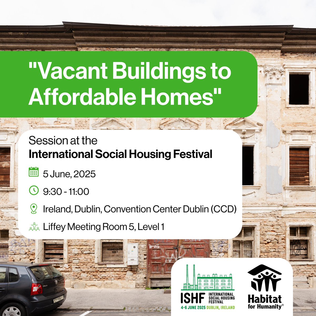 We're joining the #InternationalSocialHousingFestival in #Dublin this week! 🏠
We'll talk about turning empty spaces into real homes through partnerships, financing &amp; social rental agencies.

📅 5 June 2025 | 9:30
📍 CCD Dublin, Liffey Room 5

#ISHF2025 #ISHF #HabitatForHumanity