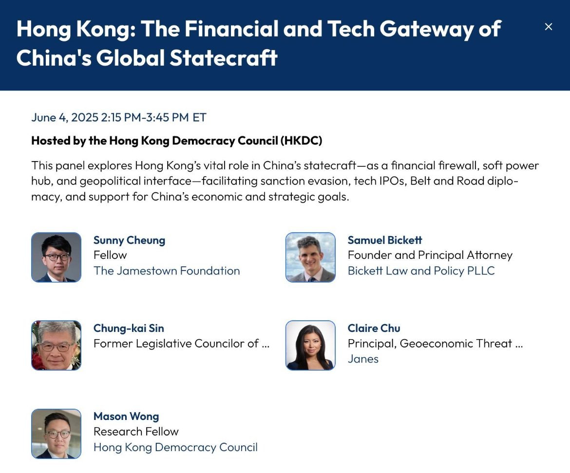 Hong Kong Democracy Council (@hkdc_us) on Twitter photo HKDC's <a href="/masonwrong/">Mason L. Wong 王樂知</a> will moderate a panel, "Hong Kong: The Financial and Tech Gateway of China's Global Statecraft," at <a href="/scsp_ai/">Special Competitive Studies Project</a>'s AI+ Expo on June 4, featuring <a href="/SunnyCheungky/">Sunny Cheung</a> <a href="/SamuelBickett/">Samuel Bickett</a> & others. All are welcome & can register for free here: expo.scsp.ai// HKDC's <a href="/masonwrong/">Mason L. Wong 王樂知</a> will moderate a panel, "Hong Kong: The Financial and Tech Gateway of China's Global Statecraft," at <a href="/scsp_ai/">Special Competitive Studies Project</a>'s AI+ Expo on June 4, featuring <a href="/SunnyCheungky/">Sunny Cheung</a> <a href="/SamuelBickett/">Samuel Bickett</a> & others. All are welcome & can register for free here: expo.scsp.ai//
