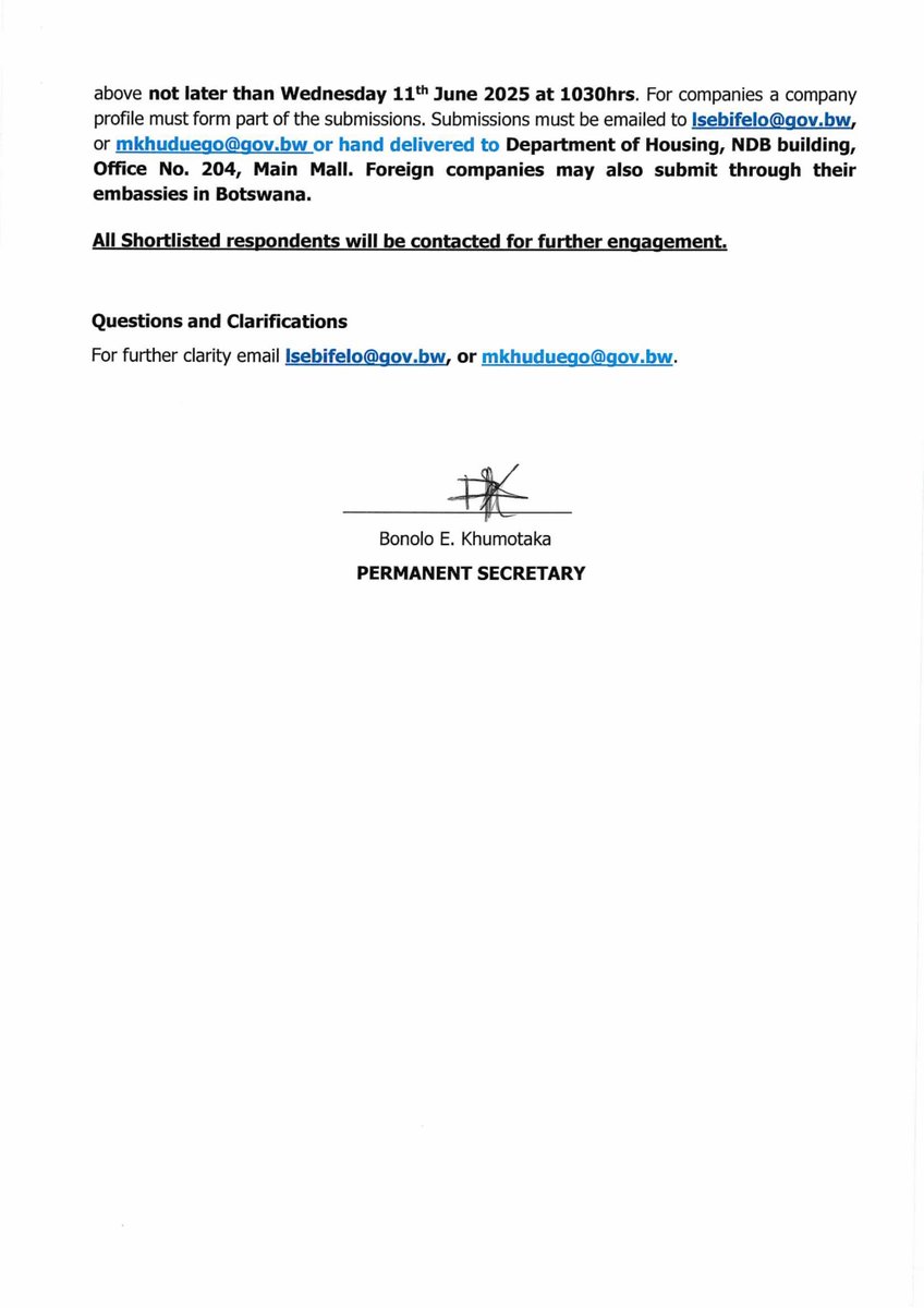 📣🔨🪚🏠👷🇧🇼 CALL FOR EXPRESSIONS OF INTEREST (EOI) FOR INVESTORS TO PARTNER WITH THE REPUBLIC OF BOTSWANA THROUGH MINISTRY OF WATER AND HUMAN SETTLEMENT
! ! ! Submission: as soon as possible (even after the initial deadline of the 11th June 2025) ! ! !