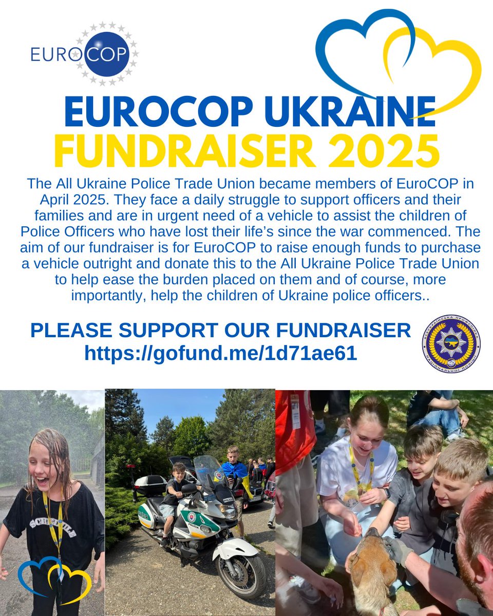 The  All Ukraine Police Trade Union became members of EuroCOP in April 2025. They face a daily struggle to support officers and their families and are in urgent need of a vehicle to assist the children of Police Officers who have lost their life’s since the war commenced. 

The