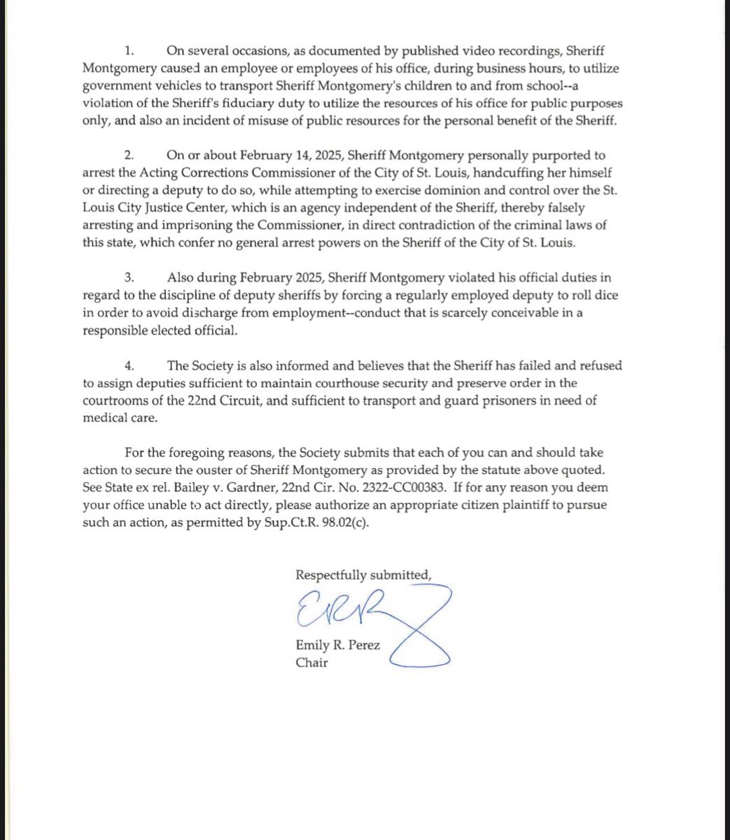 In case you missed it, the Holy Joe Society sent this letter to <a href="/AGAndrewBailey/">Attorney General Andrew Bailey</a> CC’d Circuit Attorney calling for Montgomery’s removal. The two page document includes multiple controversies over the last several months. <a href="/KMOV/">KMOV</a>