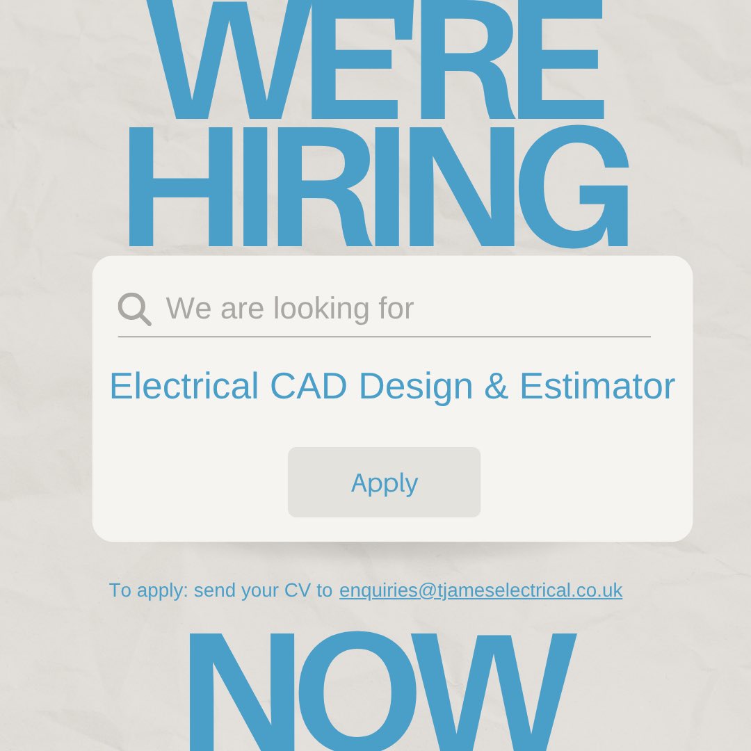 ⚡️ Join Our Team!

We're on the lookout for a skilled Electrical CAD Designer &amp; Estimator to power up our projects.
Think you've got what it takes? Let's build the future together.
Apply today - your next career move starts here.

Enquiries@tjameselectrical.co.uk