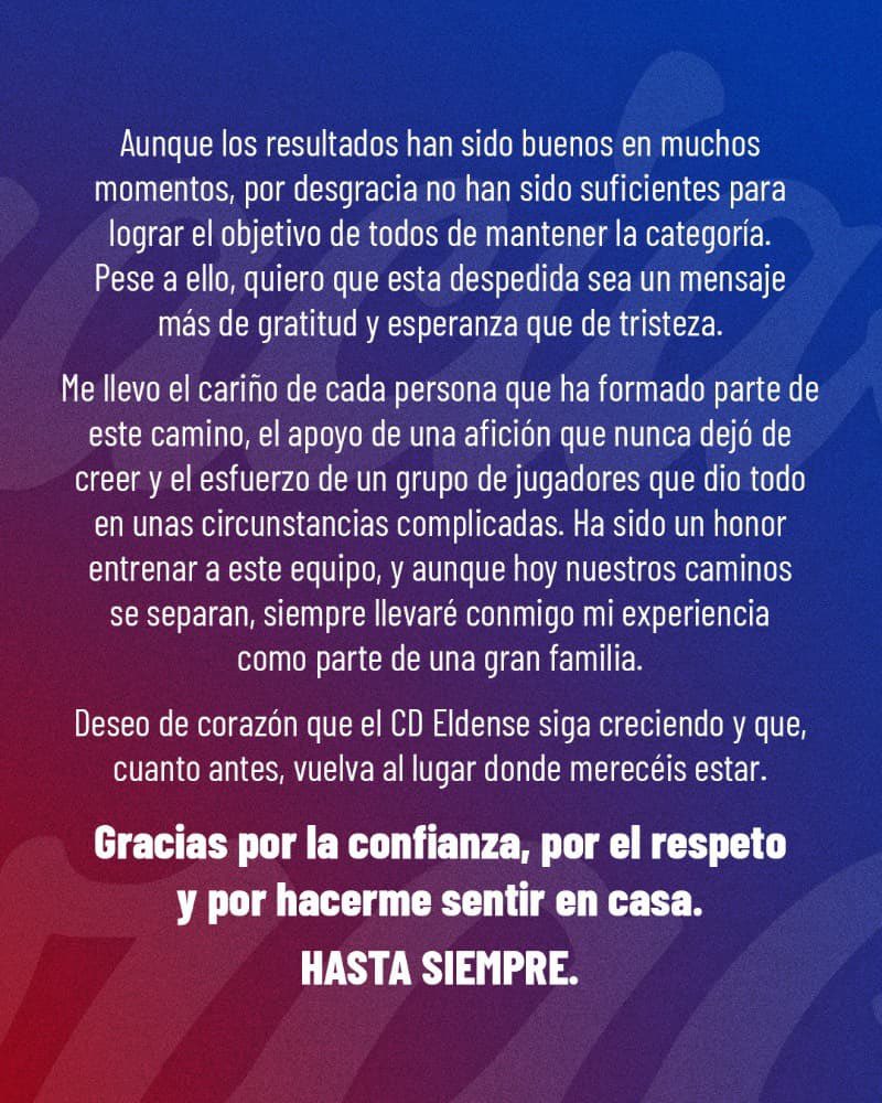 Es momento de despedirme del <a href="/CD_Eldense/">CD Eldense SAD</a> Gracias por todo el apoyo y cariño recibido.