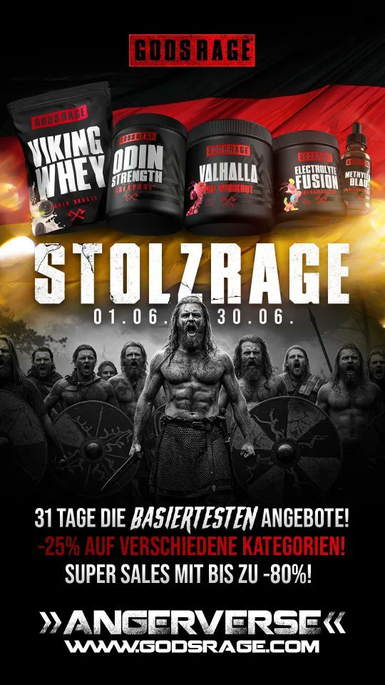 STOLZ ENTSTEHT NICHT DURCH WORTE. SONDERN DURCH TATEN.
Viking Whey von #GodsRage – dein Treibstoff im #Stolzmonat.

Du hast geschwitzt. Gelitten. Geopfert.
Jetzt ist die Zeit, stolz auf das zu sein, was du aufgebaut hast.
Mit Viking Whey gibst du deinem Körper, was er verdient: