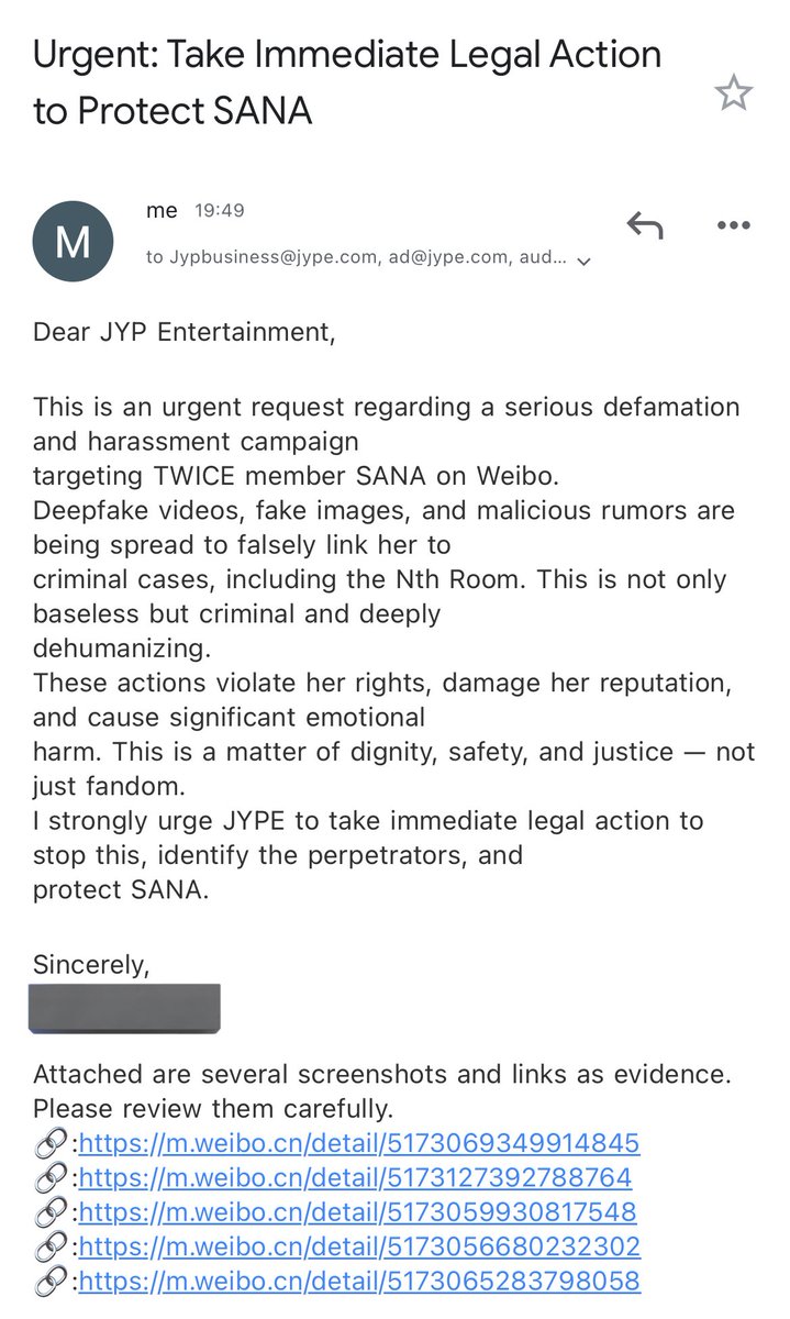 sanadorabel's tweet photo. please don’t stop emailing! 🙏

JYPE 지금사나를보호해
#JYPE딥페이크멈춰
 #JYPETakeLegalAction
@JYPETWICE @jypnation https://t.co/BxxvVg10Sk