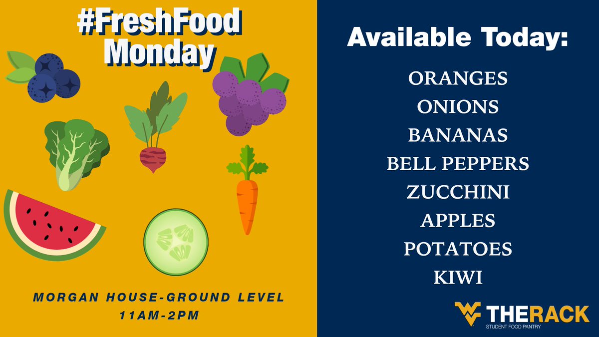 Get fresh produce today between 11am-2pm while supplies last!

#FreshFoodMonday #wvutherack