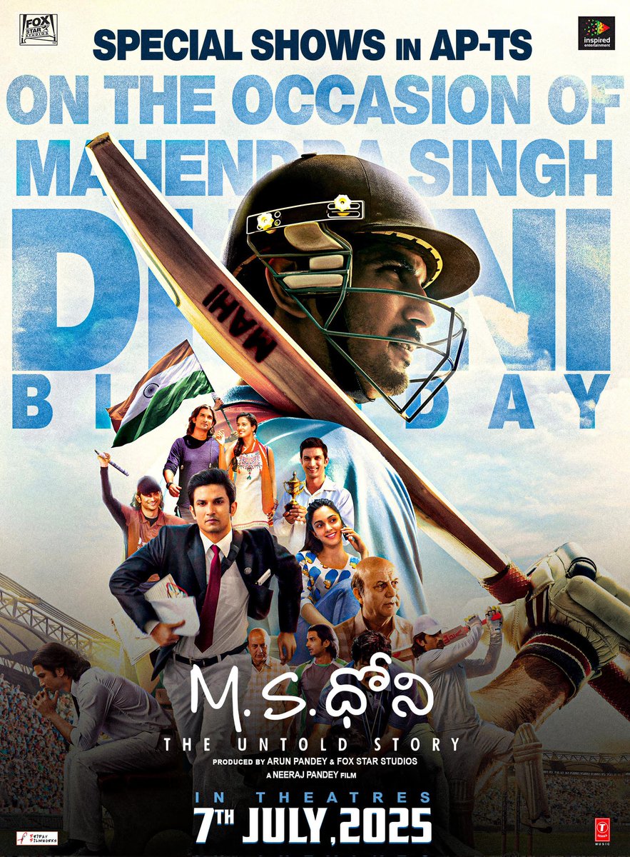 Thala #Dhoni Birthday Special !

#MsDhoniTheUntoldStory Special shows on 7th July in Andhra Pradesh &amp; Telangana.❤️‍🔥