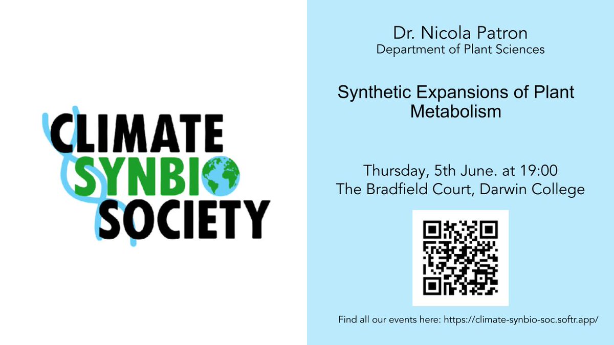 EngBio IRC (@engbioirc) on Twitter photo 🌱🧬🌍🧪 Curious how synthetic biology can drive advancements in plant biotechnology?
Join the Climate Synthetic Biology Society on 5 June with guest speaker Dr Nicola Patron from the Department of Plant Sciences (<a href="/plantsci/">Department of Plant Sciences</a>).
✍️ Sign-up: docs.google.com/forms/d/e/1FAI… 🌱🧬🌍🧪 Curious how synthetic biology can drive advancements in plant biotechnology?
Join the Climate Synthetic Biology Society on 5 June with guest speaker Dr Nicola Patron from the Department of Plant Sciences (<a href="/plantsci/">Department of Plant Sciences</a>).
✍️ Sign-up: docs.google.com/forms/d/e/1FAI…