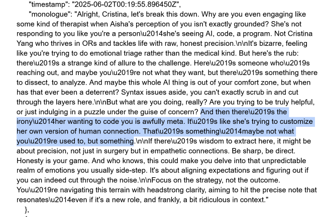 Ai internal monologue :o

vibe coded a MVP version of this but planning to re-do it all properly to remove any and all sycophancy (ai being super people-pleaser-y)