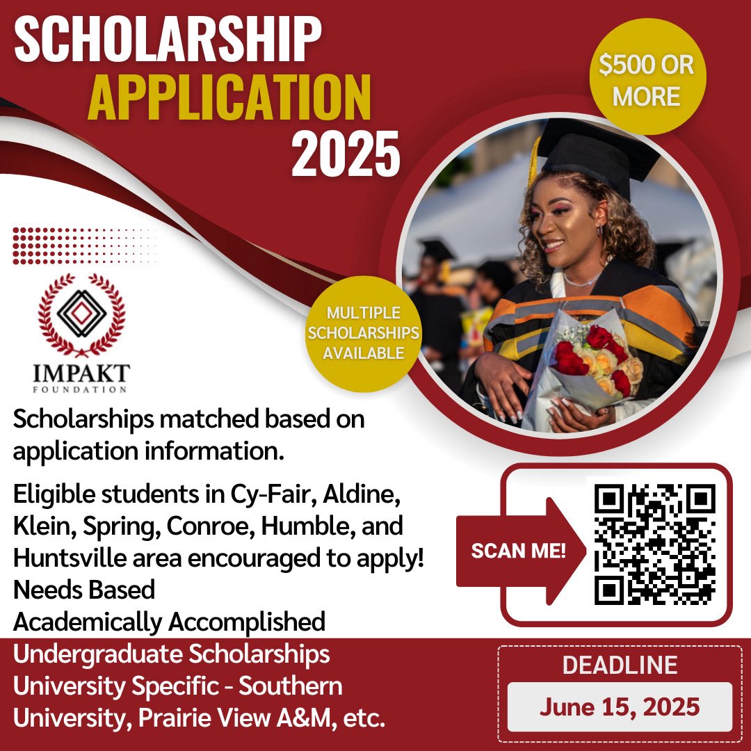 Anthony Childress (@naptown_htown) on Twitter photo Scholarship Opportunity for Eligible Students from the following School Districts:
<a href="/AldineISD/">Aldine ISD</a>
<a href="/CyFairISD/">Cypress-Fairbanks ISD</a>
<a href="/ConroeISD/">Conroe ISD</a>
<a href="/HumbleISD/">Humble ISD</a>
<a href="/HISDHornets/">HUNTSVILLE ISD</a>
<a href="/KleinISD/">Klein ISD</a>
<a href="/SpringISD/">Spring ISD</a>
Application Deadline: June 15th.
Impakt Foundation Info:
impakthouston.org
tri-citynupes.com Scholarship Opportunity for Eligible Students from the following School Districts:
<a href="/AldineISD/">Aldine ISD</a>
<a href="/CyFairISD/">Cypress-Fairbanks ISD</a>
<a href="/ConroeISD/">Conroe ISD</a>
<a href="/HumbleISD/">Humble ISD</a>
<a href="/HISDHornets/">HUNTSVILLE ISD</a>
<a href="/KleinISD/">Klein ISD</a>
<a href="/SpringISD/">Spring ISD</a>
Application Deadline: June 15th.
Impakt Foundation Info:
impakthouston.org
tri-citynupes.com
