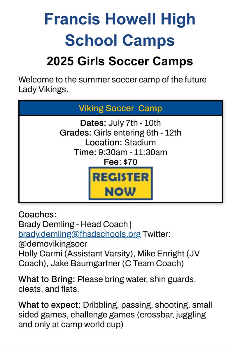 Brady Demling (@demovikingsocr) on Twitter photo As we all wind down. Don’t forget to register for camp in July. Any alum that wants to get some touches on the ball or fitness are welcome.
<a href="/howellsoccer/">Vikings Soccer</a> <a href="/JakeBaum5/">Jake Baumgartner</a> <a href="/FHVikings/">Howell Vikings</a> As we all wind down. Don’t forget to register for camp in July. Any alum that wants to get some touches on the ball or fitness are welcome.
<a href="/howellsoccer/">Vikings Soccer</a> <a href="/JakeBaum5/">Jake Baumgartner</a> <a href="/FHVikings/">Howell Vikings</a>