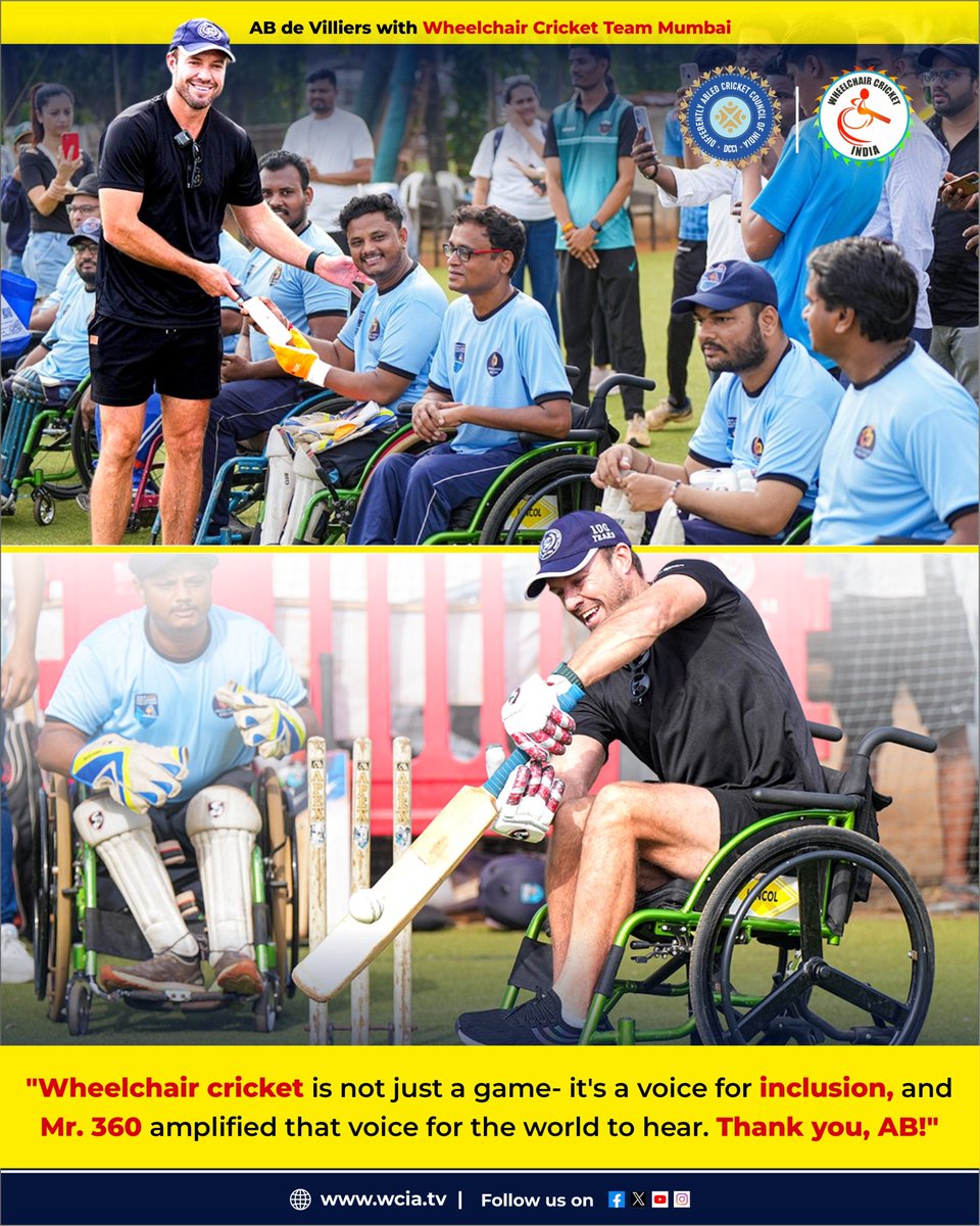 Differently Abled Cricket Council of India (@dcciofficial) on Twitter photo AB de Villiers joined our Mumbai Wheelchair Cricket Team & stole hearts at Islam Gymkhana! From bat to wheelchair, his message was clear Cricket is for everyone!
Thank you, <a href="/ABdeVilliers17/">AB de Villiers</a> for standing up by sitting down.
<a href="/wcia_official/">Wheelchair Cricket India Association</a> <a href="/sqnldrabhai/">Abhai</a>
<a href="/imRaviKChauhan/">Ravi Kant Chauhan रविकांत चौहान</a> <a href="/aajtak/">AajTak</a> AB de Villiers joined our Mumbai Wheelchair Cricket Team & stole hearts at Islam Gymkhana! From bat to wheelchair, his message was clear Cricket is for everyone!
Thank you, <a href="/ABdeVilliers17/">AB de Villiers</a> for standing up by sitting down.
<a href="/wcia_official/">Wheelchair Cricket India Association</a> <a href="/sqnldrabhai/">Abhai</a>
<a href="/imRaviKChauhan/">Ravi Kant Chauhan रविकांत चौहान</a> <a href="/aajtak/">AajTak</a>