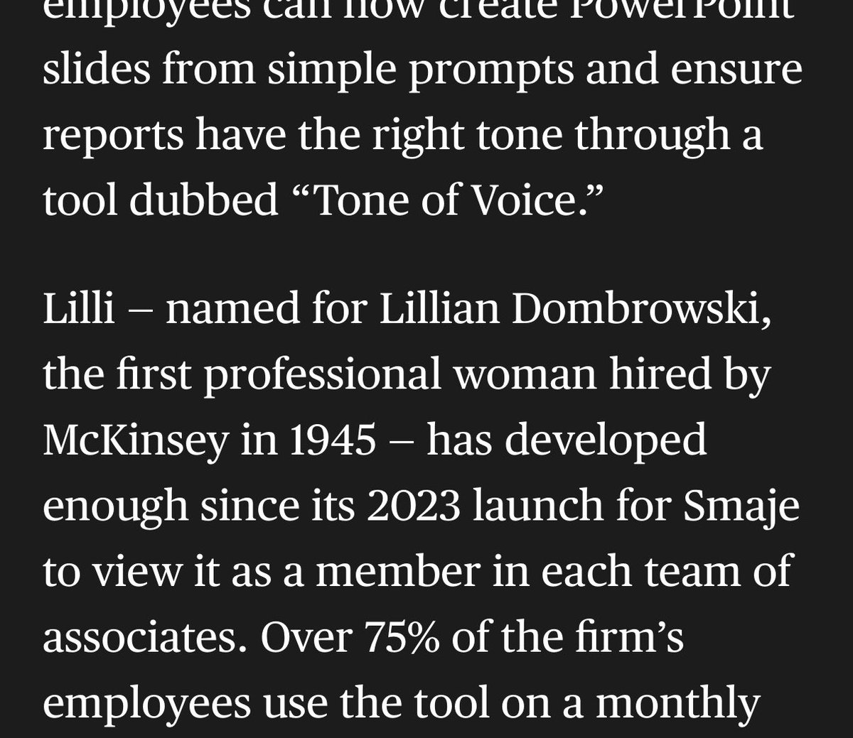 Ryan Kailath (@ryankailath) on Twitter photo lmao McKinsey named its internal AI assistant after…the first woman at the company lmao McKinsey named its internal AI assistant after…the first woman at the company
