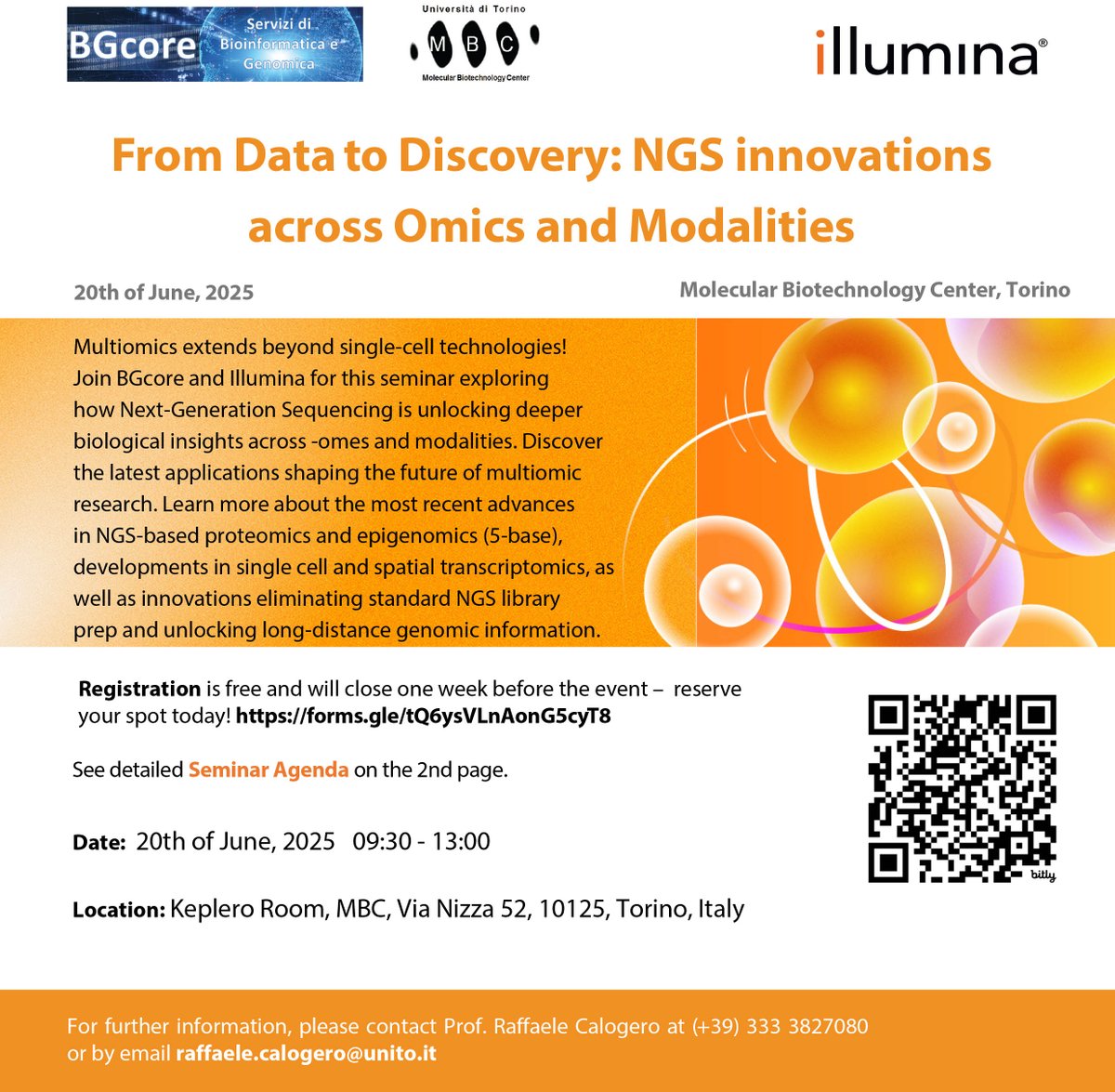 FISV998's tweet image. From Data to Discovery: NGS innovations across Omics and Modalities
20/06, 9:30-13:00 - Centro Interdipartimentale di Biotecnologie Molecolari MBC di Torino (Via Nizza 52, Aula Keplero)

Seminario a cura di BGcore, Università di Torino e Illumina.

fisv.org/services/event…
